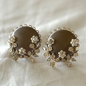 Vintage Floral Button Earrings Gold-Tone Clip-Ons with Rhinestones